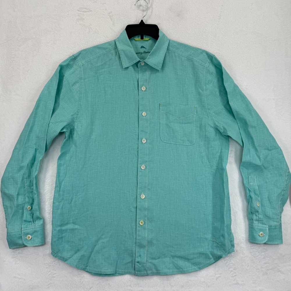 Tommy Bahama Mens Linen Button Down Shirt Long Sleeve Green Casual Size M Read